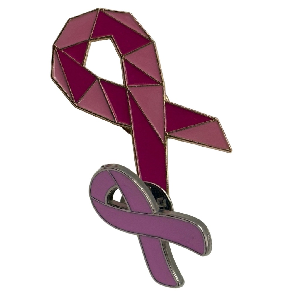 2 Pink Ribbon Breast Cancer‎ Awareness Enamel Lapel Pins Geometric Ribbon Lot